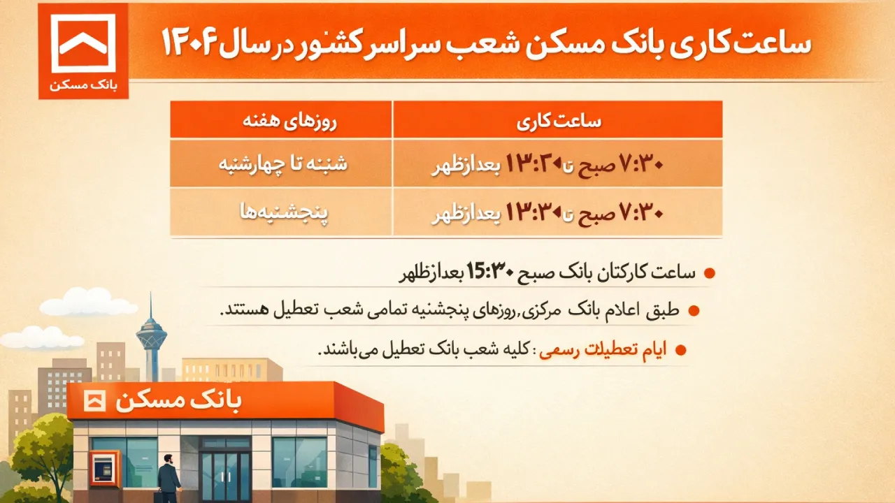 ساعت کاری بانک مسکن شعب سراسر کشور در 1404